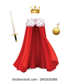 King cloak composition with realistic image of monarch gown with red royal robe sceptre and ball vector illustration