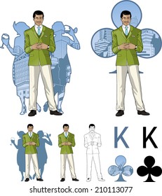 King of clubs asian male greeting party host with female guests silhouettes retro styled comics card character set of illustrations with black lineart