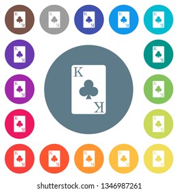 King of clubs card flat white icons on round color backgrounds. 17 background color variations are included.