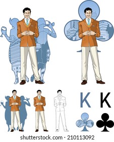 King of clubs caucasian male greeting party host with female guests silhouettes retro styled comics card character set of illustrations with black lineart