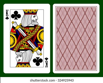 King of clubs playing card and backside background. Faces double sized. Original design. Vector illustration