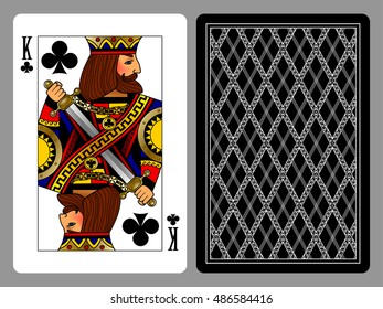 King of Clubs playing card and the backside background. Colorful original design. Vector illustration