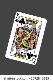 King of clubs playing card from a standard deck of 52 french playing cards, isolated on a dark gray background. Hand drawn illustration