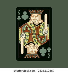 King of Clubs, playing poker card in black design. Isolated vector illustration. Editable stroke lines.	