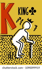king of clubs. Stylized Vector pop art style  playing card with graphic character of comic man, dots and lines on yellow background .  