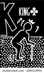 king of clubs. Stylized Vector pop art style  playing card with graphic character of comic man, dots and lines.