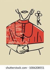 King of clubs. Stylized Vector Vintage style playing card . painted card with cardinal