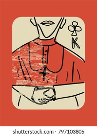 King of clubs. Stylized Vector Vintage style playing card . painted card with cardinal 