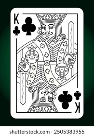 King Clubs suit playing card, vintage classic design, isolated on white, editable vector stroke line.