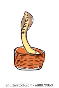 King cobra in basket hand drawn icon isolated on white background vector illustration. Indian ethnic culture element.