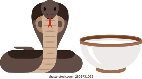 King cobra and bowl flat vector illustration.