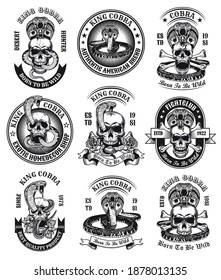 King cobra emblems set. Monochrome design elements with human skulls, snake and text. Gothic or horror concept for labels, stamps, tattoo templates