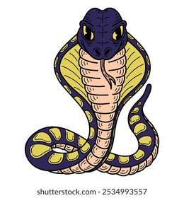 Cobra del rey dibujado a mano plana. Linda serpiente. Animal peligroso con cuerpo largo y retorcido. Víbora, pitón, anaconda, serpiente de cascabel. Criatura venenosa. Vector ilustración de dibujos animados.