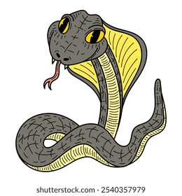 Cobra del rey dibujado a mano plana. Linda serpiente. Animal peligroso con cuerpo largo y retorcido. Víbora, pitón, anaconda, serpiente de cascabel. Criatura venenosa. Vector ilustración de dibujos animados.