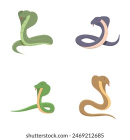 King cobra icons set cartoon vector. Cobra snake cartoon mascot character. Animal, reptile