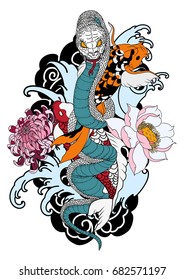 King cobra and koi fish Traditional tattoo.Hand drawn and Asian tattoo design Snake with Koi carp and Lotus,Chrysanthemum flower, Japanese carp line drawing coloring book vector image.