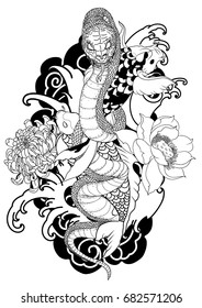 King cobra and koi fish Traditional tattoo.Hand drawn and Asian tattoo design Snake with Koi carp and Lotus,Chrysanthemum flower, Japanese carp line drawing coloring book vector image.