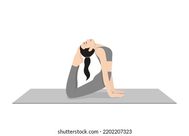 King Cobra Pose. Beautiful girl practice Raja Bhujangasana. Young attractive woman practicing yoga exercise. working out, black wearing sportswear, grey pants and top, indoor full length, calmness