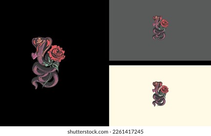 king cobra with red flowers vector mascot design