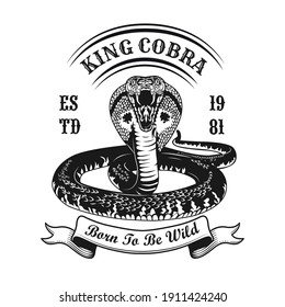 King cobra symbol design. Monochrome element with aggressive snake vector illustration with text. Aggression or horror concept for emblems and labels templates