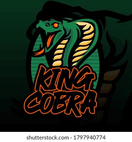 Ilustración de la cabeza de King cobra para camisetas, papel pintado o emblema. Ilustración de cobra real aislada sobre fondo verde oscuro.