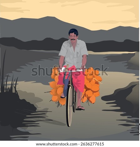 King Coconut vendor caring bunch of king coconuts on a push bicycle on a dark road. King coconut seller