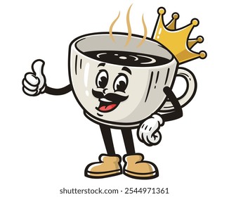 Rey de la taza de café, ilustración de mascota de dibujos animados Vector de personajes Retro Antiguas Clip-arte Dibujado a mano Diseño de logotipos