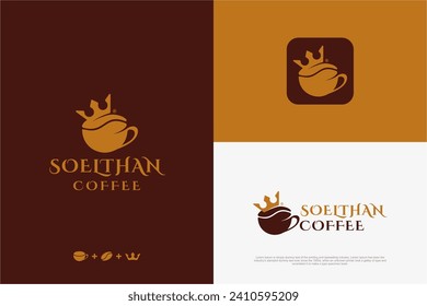 King coffee logo design. Bean cup crown illustration symbol. Coffee shop abstract sign.