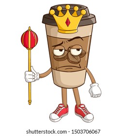 King of coffee paper cup cartoon character holding the king stick with funny thinking expression