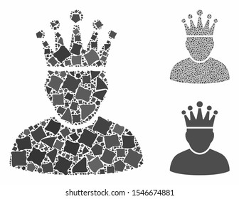 King composition of abrupt parts in various sizes and color hues, based on king icon. Vector uneven items are grouped into composition. King icons collage with dotted pattern.