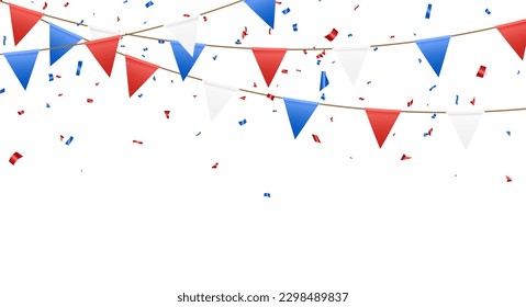 King coronation background. Flying red silver and blue confetti with flags. Independence day United States. 4th of July greeting card. Celebration banner. Holiday frame. Vector illustration.