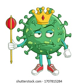 King of coronavirus cartoon character holding the king stick with funny thinking expression