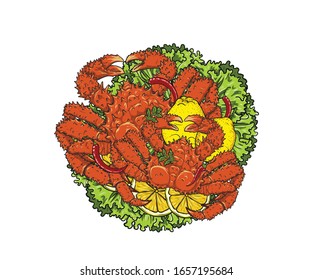 King Crab with lemon and vegetable on white background.King Crab vector art highly detailed in line art style.