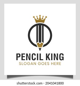 creatividad de rey con lápiz e icono de la corona para la escuela de educación, universidad, logo del diseñador creativo