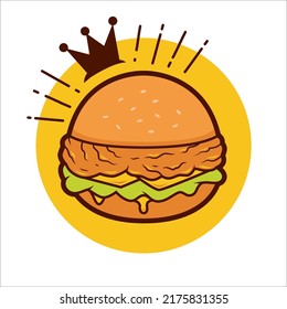 King of crispy chicken burger icon logo illustration with crown