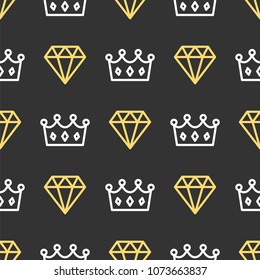 King crown and brilliant on seamless pattern background. Royal crown and diamond outline on black background