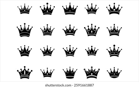 King Crown Bundle Set Silhouette Vector, Royal Crown Icons, Monochrome Crown Design, Digital Crown Clipart