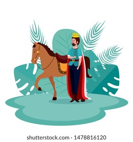 king with crown and cape with royal horse