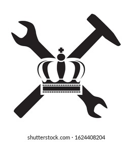 King crown with crossed wrench and hammer tools, vector
