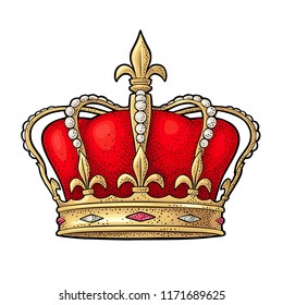 King crown. Engraving vintage vector color illustration. Isolated on white background. Hand drawn design element for label and poster