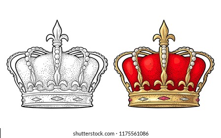 King crown. Engraving vintage vector color illustration. Isolated on white background. Hand drawn design element for label and poster
