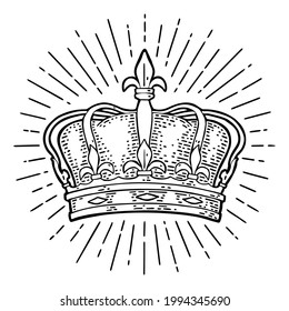 King crown. Engraving vintage vector color illustration. Isolated on white background. Hand drawn design element for label, tattoo and poster