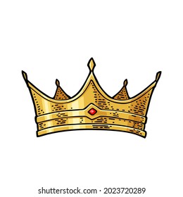 King crown. Engraving vintage vector color illustration. Isolated on white background. Hand drawn design element for label, tattoo and poster