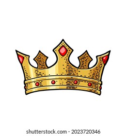 King crown. Engraving vintage vector color illustration. Isolated on white background. Hand drawn design element for label, tattoo and poster