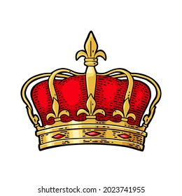 King crown. Engraving vintage vector color illustration. Isolated on white background. Hand drawn design element for label, tattoo and poster