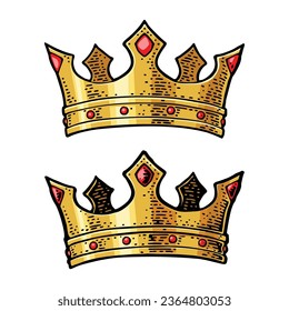 King crown. Engraving vintage vector color and monochrome illustration. Isolated on white background. Hand drawn design element for label, tattoo and poster