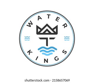 King Crown with Face Beard and Mustache Ocean Sea Wave logo design