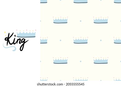 King crown. Hand drawn cartoon cute kids print or poster, nursery or t-shirt design element, seamless pattern, baby boy, luxury royal symbol. Decor textile, wrapping paper wallpaper vector print