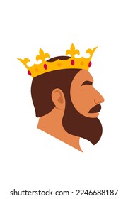 King with crown. Head of Royal person with Golden crown, beard. Profile, side view, fairy tale character. Monarch silhouette in minimalist style. Vector illustration, symbol, icon, logo.