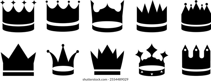   king crown icon set. black silhouette shape. Hand drawn. Modern design. Vector illustration  isolated on white background, symbolizing power, authority,